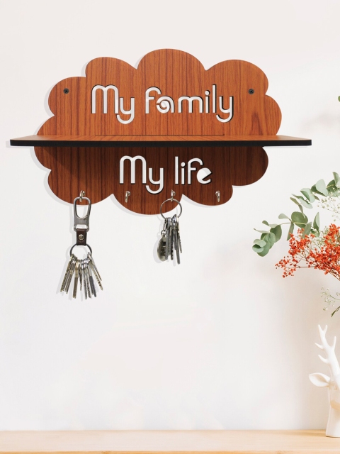 RANDOM Brown Wooden Wall Shelf With 4 Key Holders