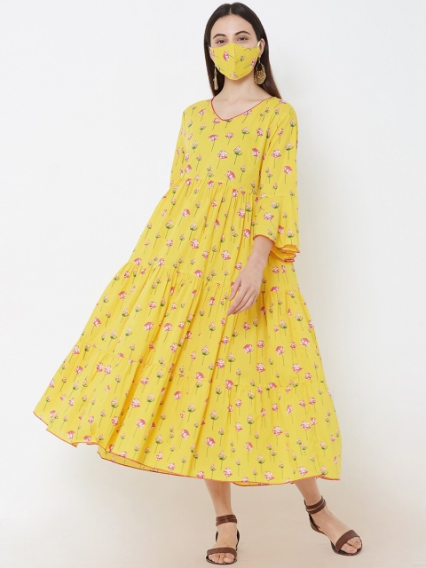 FASHOR Women Yellow Printed Floral Fit and Flare Dress