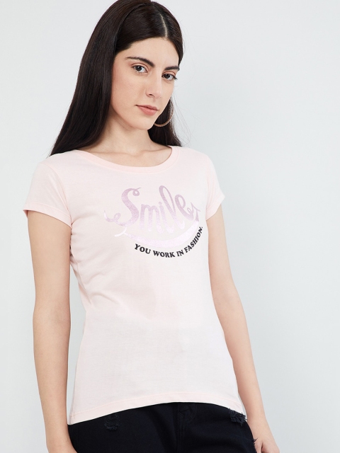 max Women Pink Printed Round Neck T-shirt