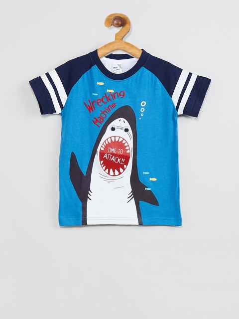 max Boys White & Blue Printed Round Neck T-shirt