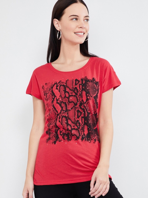 max Women Red Printed Round Neck T-shirt