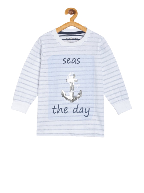 TALES & STORIES Boys White Striped Round Neck T-shirt
