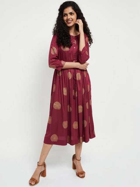 max Women Maroon Printed A-Line Dress
