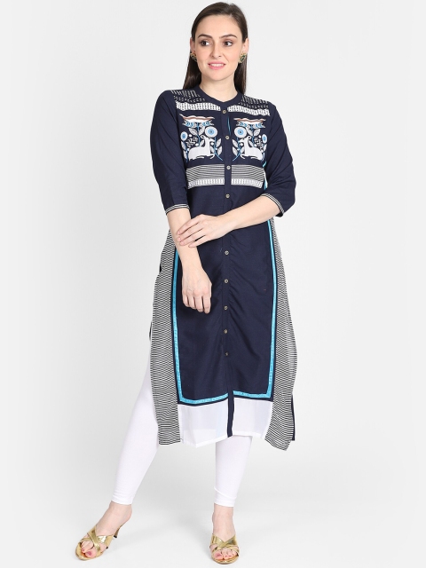 Bani Women Women Navy Blue Printed Straight Kurta