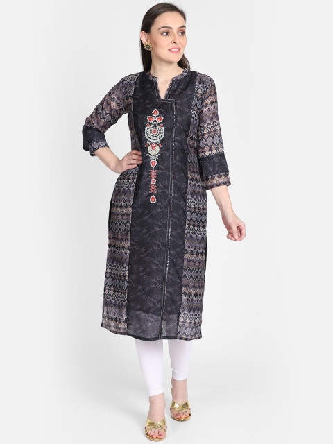 Bani Women Women Black & Grey Printed Straight Kurta
