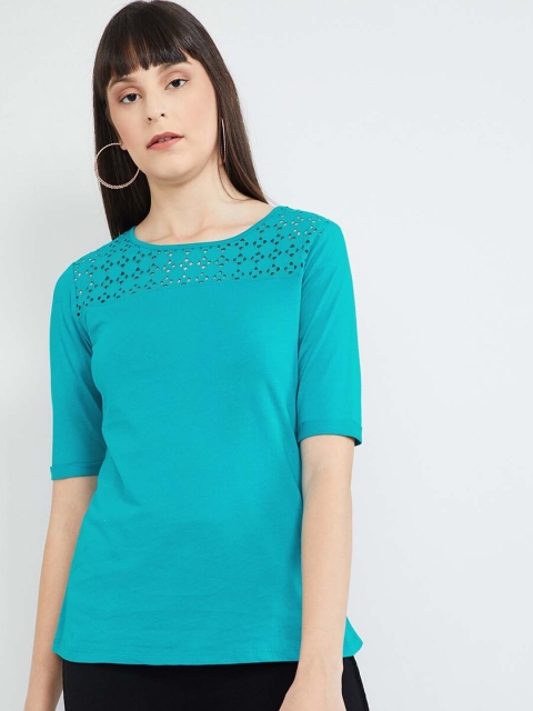 max Women Blue Self Design Round Neck T-shirt