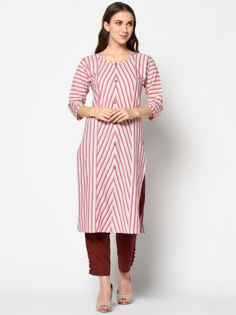 Kvsfab Women Pink & Off-White Striped A-Line Kurta