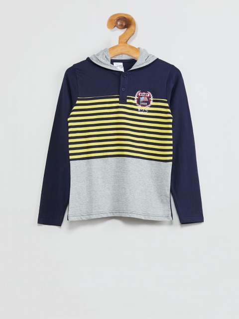 max Boys Yellow & Navy Blue Striped Hood T-shirt