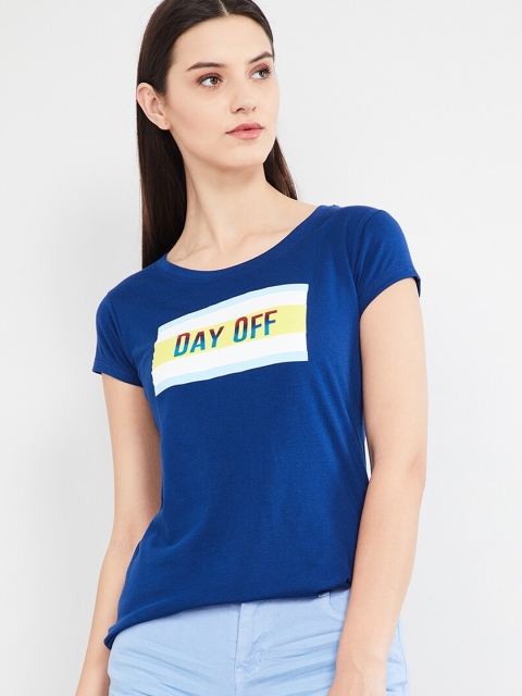 max Women Blue Printed Round Neck Cotton T-shirt