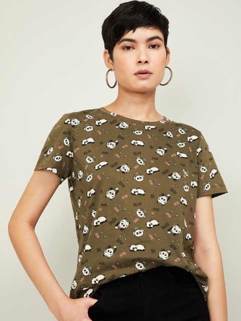 Ginger by Lifestyle Women Olive Green Printed Round Neck T-shirt