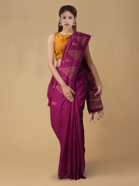 Unnati Silks Magenta Silk Cotton Solid Maheshwari Handloom Saree