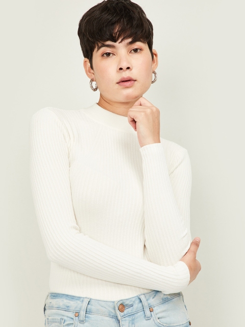 Fame Forever by Lifestyle Women Off-White Ribbed Pullover Sweater