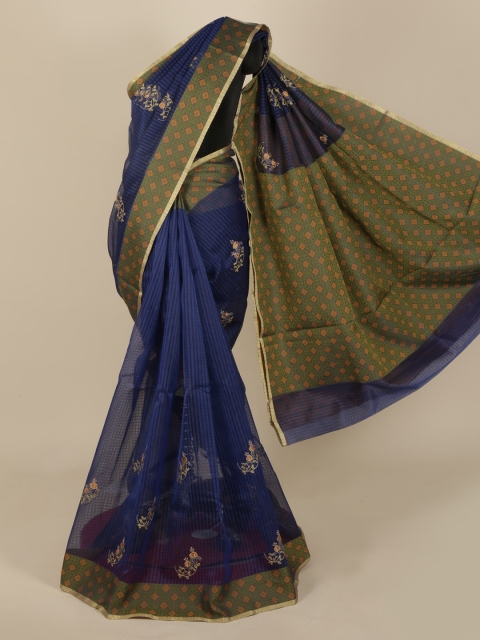 Pothys Navy Blue Embroidered Cotton Blend Manipuri Saree