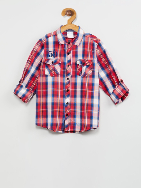 max Boys Red Checked Mandarin Collar T-shirt