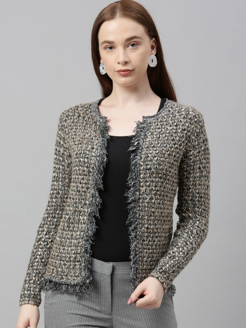 Park Avenue Woman Women Beige Self Design Front-Open Sweater