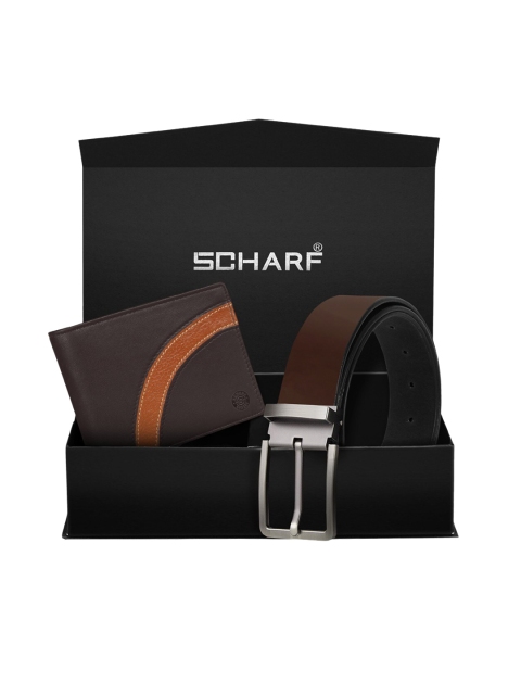 SCHARF Men Brown Genuine Leather Belt & Wallet Accessory Gift Set