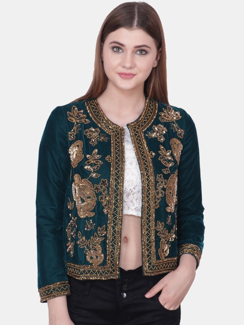 Diwaah Women Green & Golden Embellished Open Front Velvet Jacket