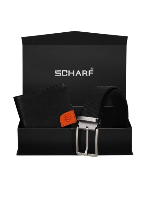 SCHARF Men Black Genuine Leather Formal Belt & Wallet Gift Set