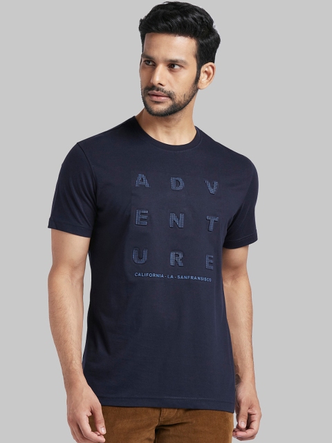 Parx Men Blue Self Design Round Neck T-shirt
