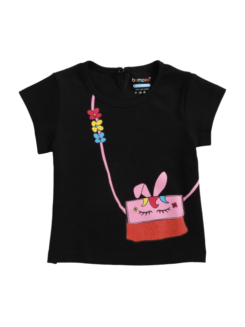 BUMZEE Girls Black Printed Round Neck T-shirt