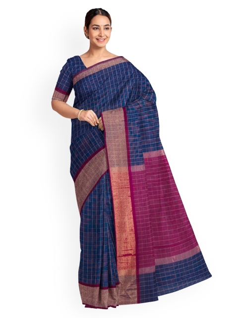 KLM Fashion Mall Navy Blue Checked Silk Blend Saree