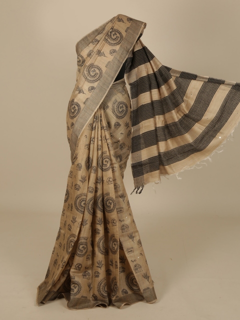 Pothys Cream-Coloured Printed Jute Silk Saree