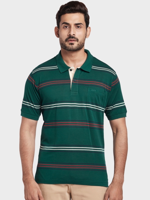 ColorPlus Men Green & White Striped Polo Collar T-shirt