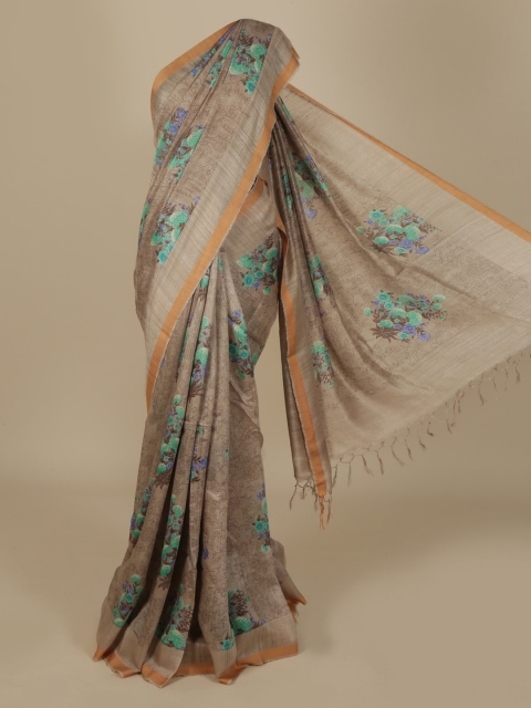 Pothys Grey & Green Jute Silk Embroidered Saree
