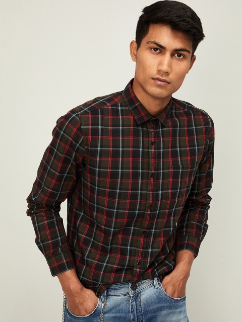 Bossini Men Olive Green & Black Regular Fit Checked Casual Shirt