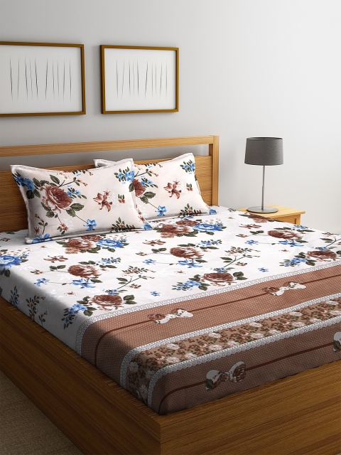 NEUDIS Beige & Brown Floral Printed 180 TC Double Bedsheet With 2 Pillow Covers