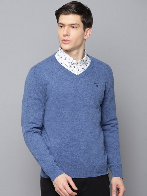 GANT Men Blue Solid Pullover Sweater