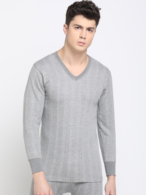 DIXCY SCOTT Men Grey Melange Striped Thermal T-shirt