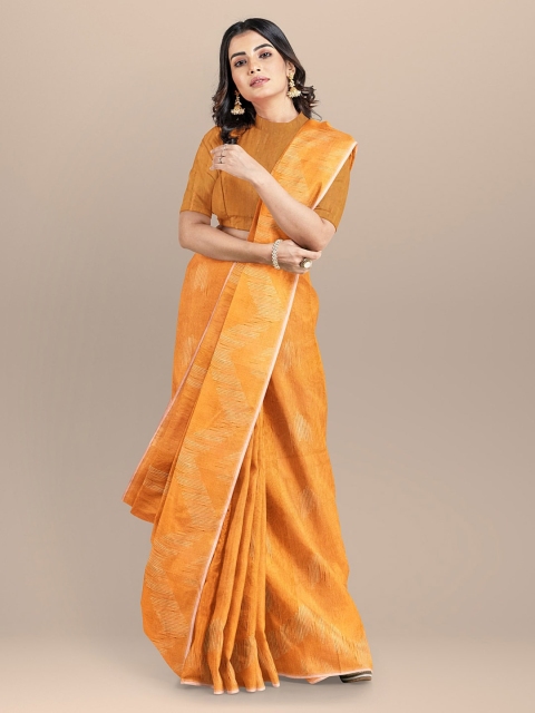 BharatSthali Orange Silk Cotton Printed Taant Saree