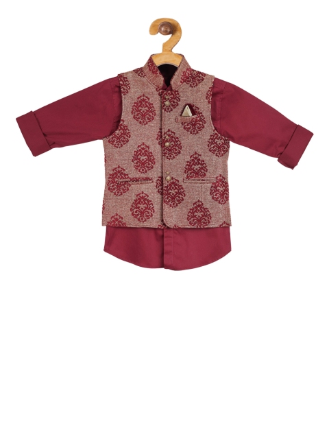 Actuel Boys Maroon Woven Design Waistcoat with Shirt