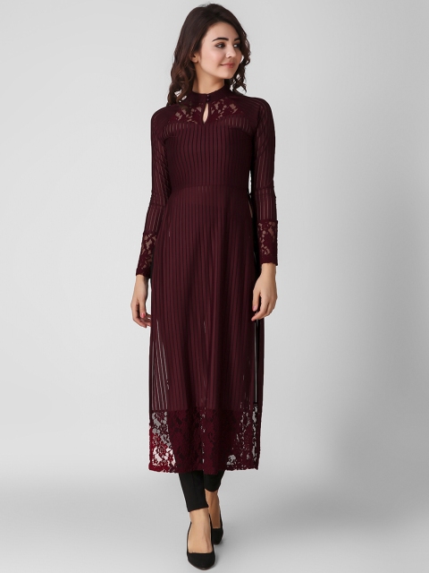 Texco Women Burgundy Lace Detailed Straight Kurta