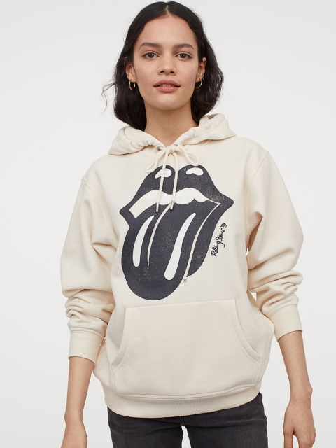 H&M Women Off-White & Grey Motif-Front Hoodie
