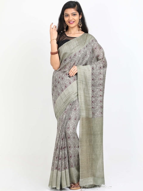 SABOO COLLECTIONS Olive Green & Maroon Pure Silk Printed Tussar Saree
