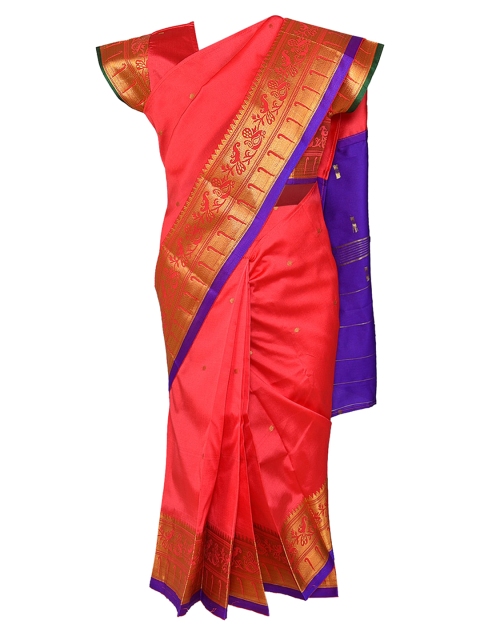 Wish Karo Girls Red & Navy Blue Art Silk Solid Ready To Wear Kanjeevaram Saree