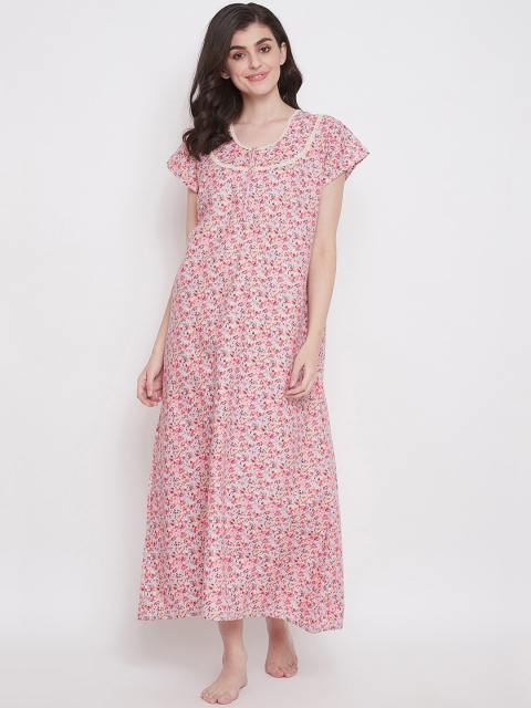 Clovia Women Pink & White Floral Printed Maxi Length Nightdress