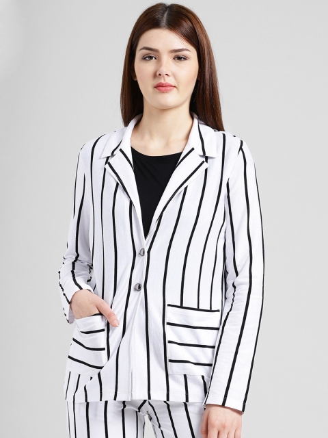 Texco Women White & Black Striped Single-Breasted Blazer