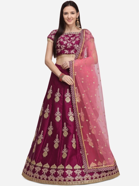 NAKKASHI Maroon & Pink Embroidered Semi-Stitched Lehenga Unstitched Blouse With Dupatta