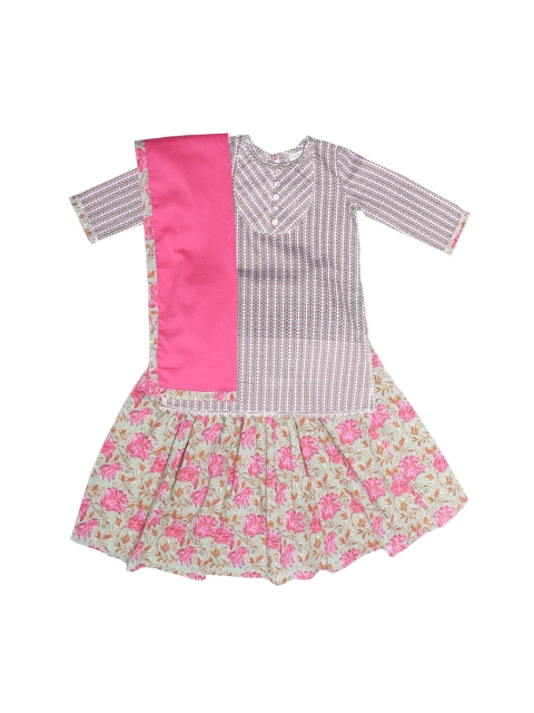 Silai Bunai Girls Green & Pink Striped Kurti with Skirt & Dupatta