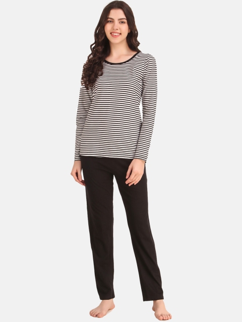 Masha Women Black & White Striped Night Suit