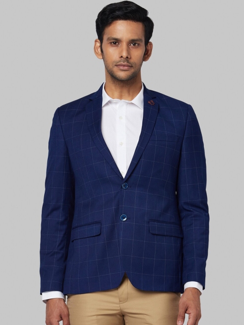 Park Avenue Men Blue Checked Regular-Fit Single-Breasted Blazer