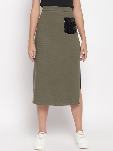 LA LOFT Women Green Solid Straight Skirt With Embellished Pocket