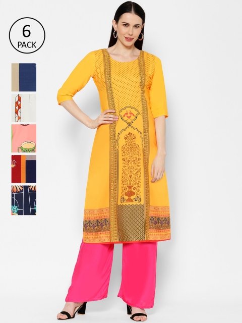 7Threads Women Pack Of 6 Multicoloured Printed Straight Kurtas, Multi