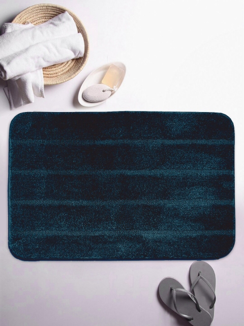 BIANCA Teal Blue Self-Striped Anti-Skid Bath Rug