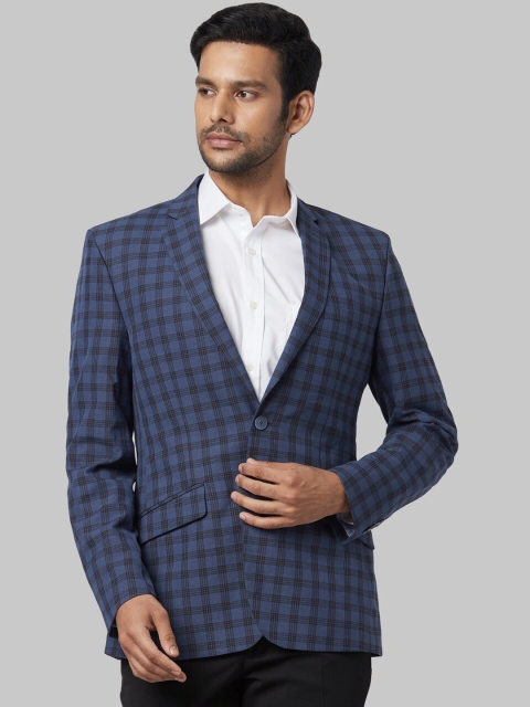 Park Avenue Men Blue Checked Super Slim-Fit Single-Breasted Blazer