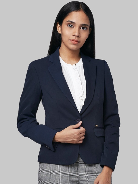 Park Avenue Woman Blue Solid Single-Breasted Formal Blazer, Navy blue