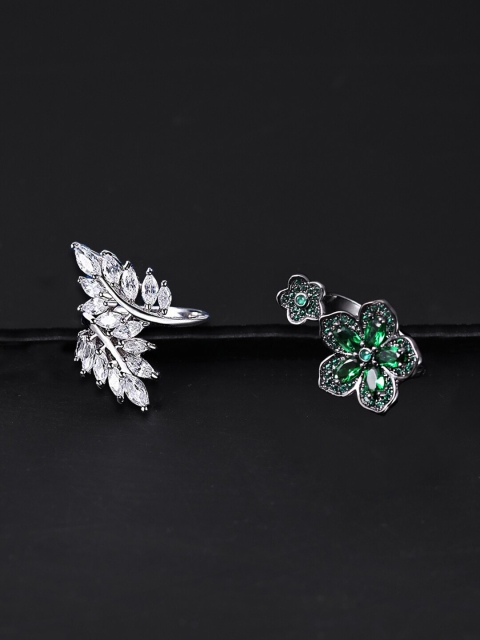 Yellow Chimes Set Of 2 Rhodium-Plated Silver-Toned & White Crystal-Studded Finger Rings